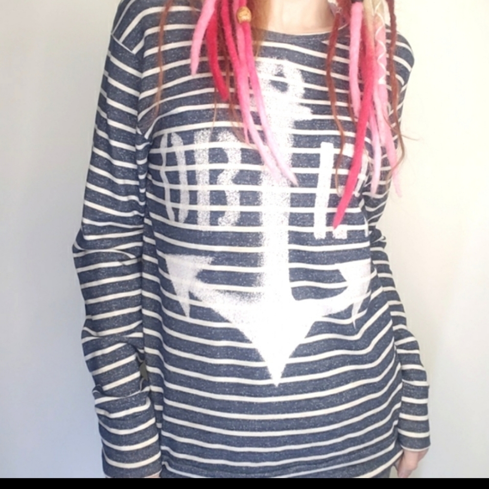 Obey Top Womens Long Sleeve Shirt Striped Blue Anchor Medium Spray Paint NEW - Picture 1 of 10